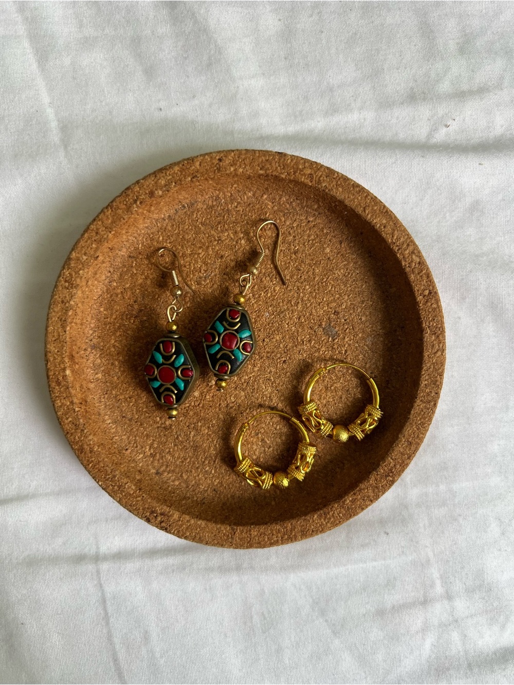 Vintage tibetan Handcrafted GoldTone Hoop Earring and Turquoise Red Drop earring